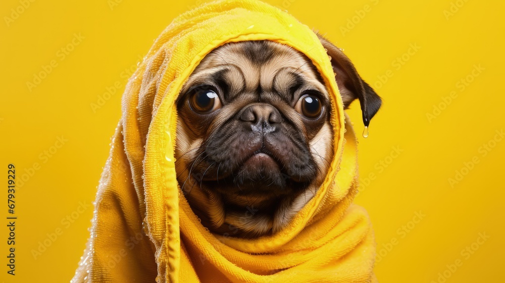 Aufkleber funny wet puppy of the pug breed after bath wrapped in towel. just washed cute dog with soap foam on