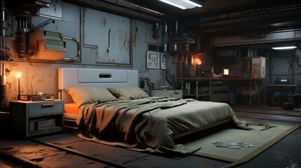 a futuristic cyberpunk dystopia minimalist bedroom with hidden storage in repurposed industrial containers