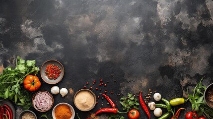 Asian food background with various ingredients on rustic stone background , top view. Vietnam and...