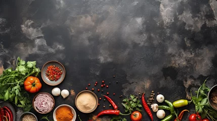 Foto op Plexiglas Asian food background with various ingredients on rustic stone background , top view. Vietnam and Thai cuisine. © HN Works