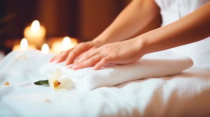 Obraz na płótnie Canvas Beautiful well-groomed hands on a towel in a spa salon. Generative AI,