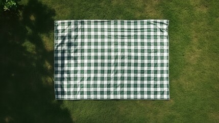 top view of picnic blanket on ground, advertising concepts, copy space. linen tablecloth or white textile plaid on green lawn in garden outdoor at summer day, flat lay