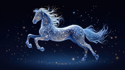 A blue horse is running through the night sky.