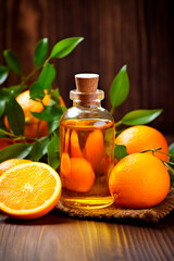 orange essential oil in a bottle. Generative AI,