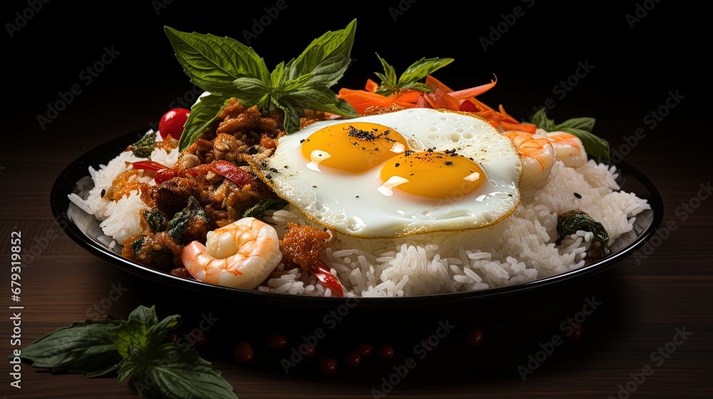 Wall mural rice topped with stir-fried seafood and holy basil, fried egg, white plate.