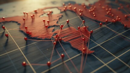 USA flag on the pushpin with red thread showed the paths of movement or areas of influence in the global economy on the wooden map. Planning of traveling or logistic concept. Network connection.