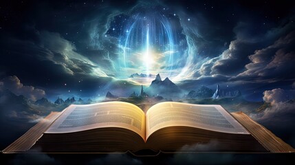 Open old book, light from the sky, heaven. Fantasy, imagination, education, religion concept. - obrazy, fototapety, plakaty