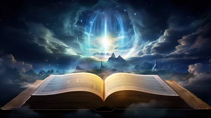 Foto op Canvas Open old book, light from the sky, heaven. Fantasy, imagination, education, religion concept. © HN Works