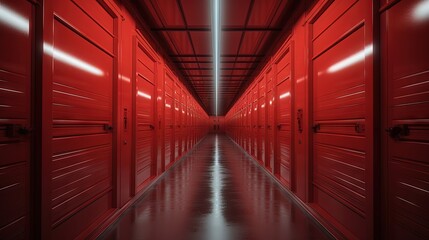 Storage corridor warehouse. Self storage facility, red metal doors with locks. Moving, organizing, storage concept. - obrazy, fototapety, plakaty