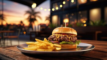 fresh delicious mouth-watering hamburger with cutlet, salad and fried onions and mustard on a plate in a summer restaurant in the evening outdoor on the street veranda close-up. minimalistic lifestyle - obrazy, fototapety, plakaty
