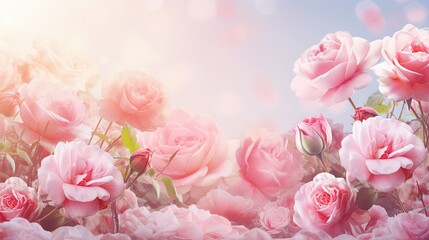 Mysterious fairy tale spring floral wide panoramic banner with fabulous blooming pink rose flowers summer fantasy garden on blurred sunny bright shiny glowing background and copy space - obrazy, fototapety, plakaty