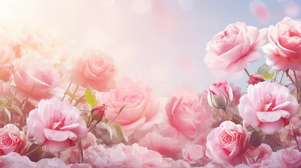  Mysterious fairy tale spring floral wide panoramic banner with fabulous blooming pink rose flowers summer fantasy garden on blurred sunny bright shiny glowing background and copy space © HN Works
