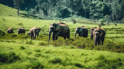 Obraz premium many wild elephants grazing green grass in forest meadow. elephant family in adventure safari trek in mountain of Munnar.Chinnar.Kerala. India. Indian wildlife animal in national park greenery color