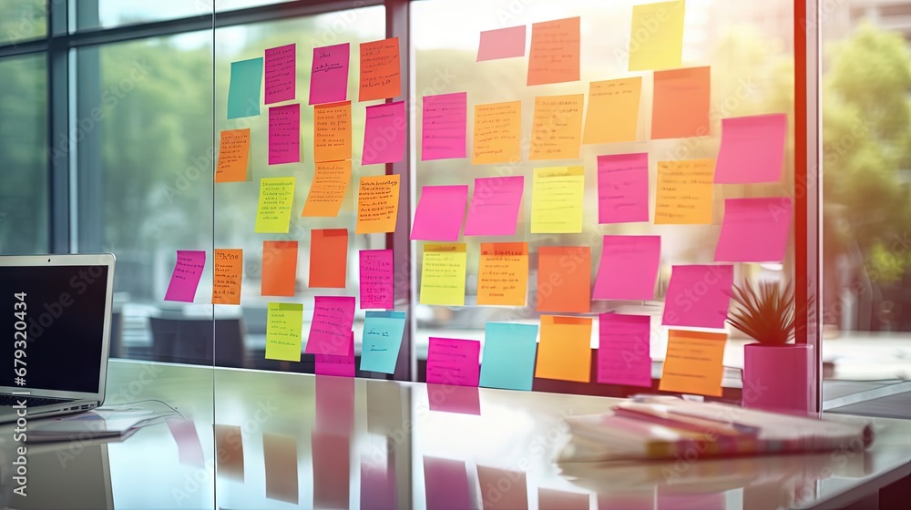 Poster blur color notes or sticky note on the glass wall in the office during brainstorming session in idea