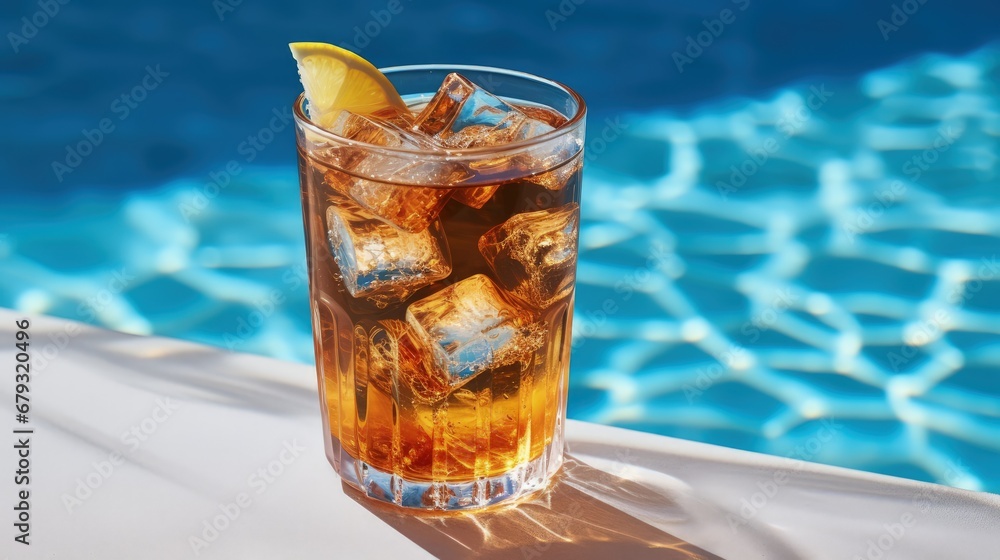 Aufkleber summer on the pool and iced tea photo on table with ice and free space for your decoration