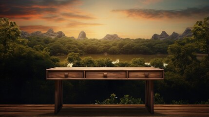 Naklejka premium Wooden desk for product on nature landscape