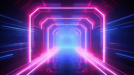 Fototapeta premium 3d render, glowing lines, tunnel, neon lights, virtual reality, abstract background, square portal, arch, pink blue spectrum vibrant colors, laser show