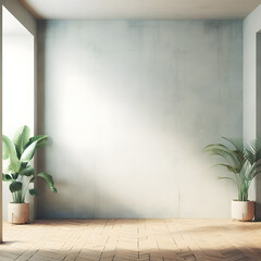 Interior of modern living room with empty walls, wooden floor, plants, and sunlight. 3d mockup, generative ai