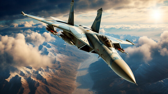 A fighter plane flies in the sky and shoots. Generative AI,