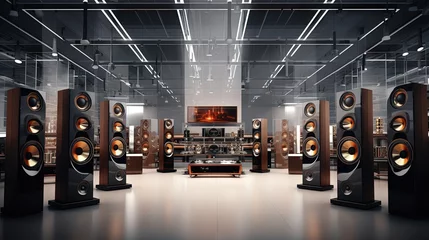 Poster Magasin de musique Professional speakers in music store. Buy hi fi sound system