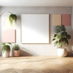 Interior of modern living room with empty white poster, plants, and wooden floor, mockup, 3D Rendering, generative ai