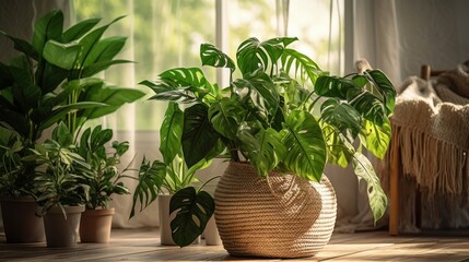 Houseplant domestic jungle garden organization fresh natural plant in pots variegated monstera at room. Home gardening tropical flower growing in paper bag basket placing on table floor with windows - Powered by Adobe