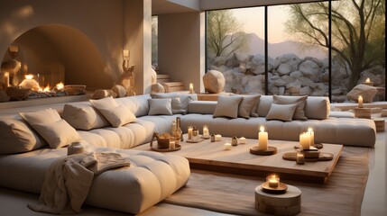 Luxurious modern living room at dusk with nature view.