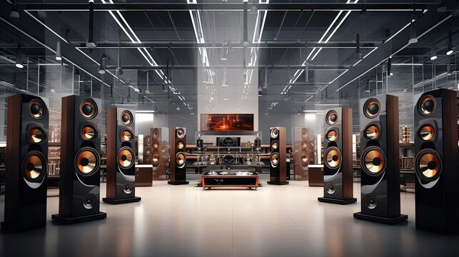 Professional speakers in music store. Buy hi fi sound system