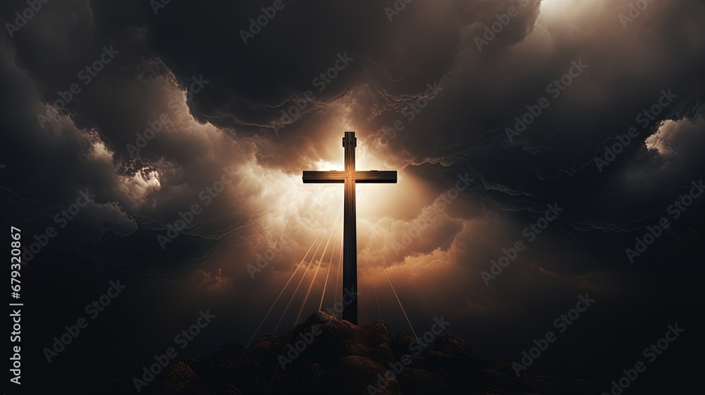 Aufkleber dramatic image showing a religious church cross framed against a moody sky that is beginning to open