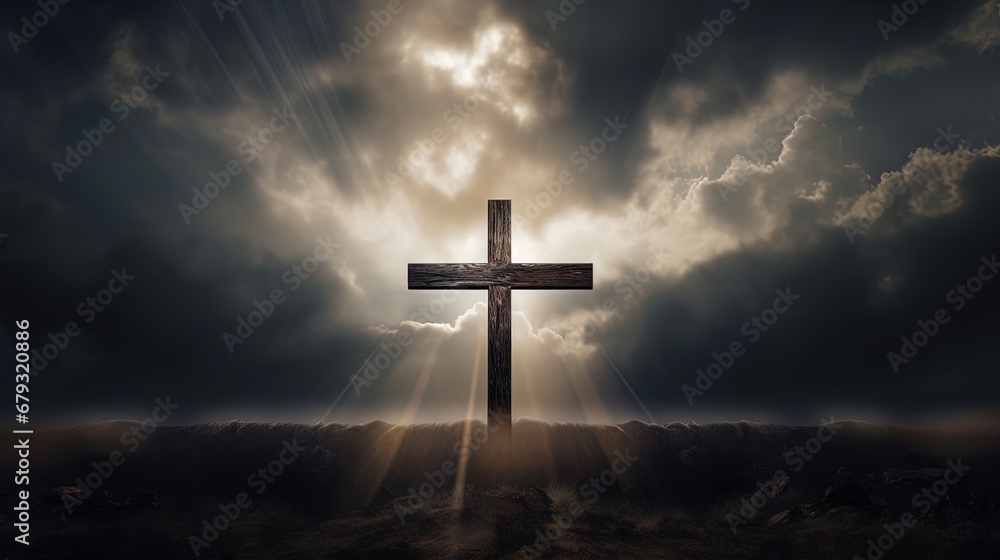 Poster dramatic image showing a religious church cross framed against a moody sky that is beginning to open