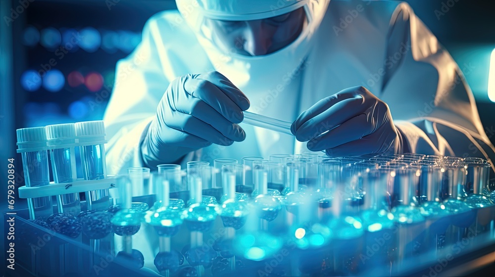 Poster scientist pipetting sample into vial for dna testing. scientist loads samples dna monkeypox amplific