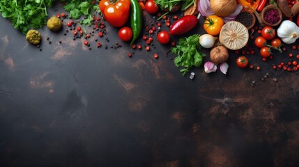 Fototapeta na wymiar Fresh delicious ingredients for healthy cooking or salad making on rustic background, top view, banner. Diet or vegetarian food concept.
