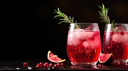 Pomegranate gin fizz cocktail with sparkling wine, rosemary and ice. Holidays refreshing alcoholic drink. Pomegranate cold detox beverage. - obrazy, fototapety, plakaty