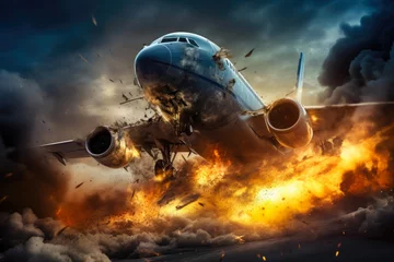 Fotobehang Emergency in the Skies: Aircraft Engine Explosion © Andrii 