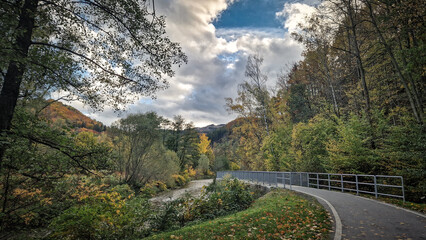 Walk around the Nisa river. Bicycle path Odra - Nisa between Chrastava and Bílý Kostel nad Nisou in autumn. Liberec region, Czech Republic.