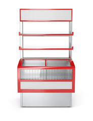 Closed horizontal trade showcase with shelves for goods. 3d illustration