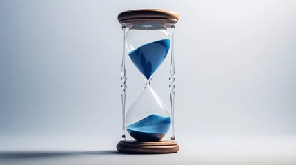 Foto op Canvas A minimalist, glass hourglass with blue sand running out, symbolizing the old year's end. © insta_photos