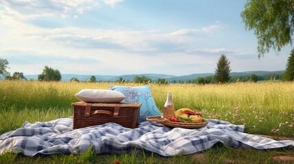 Picnic duvet with empty bascket on the meadow in nature. Panoramic view. Concept of leisure and family weekend.