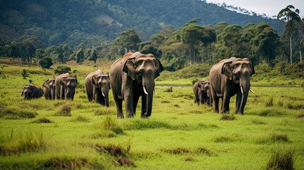 many wild elephants grazing green grass in forest meadow. elephant family in adventure safari trek in mountain of Munnar.Chinnar.Kerala. India. Indian wildlife animal in national park greenery color © HN Works