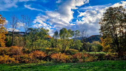 Fototapeta premium Walk around the Nisa river. Bicycle path Odra - Nisa between Chrastava and Bílý Kostel nad Nisou in autumn. Liberec region, Czech Republic.