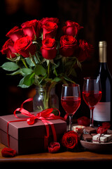 Beautiful gift roses and wine for Valentine's Day. Generative AI,