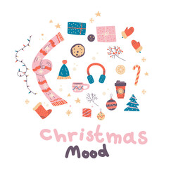 Christmas vintage hand drawn elements set. Winter mood retro icons. Vector illustration