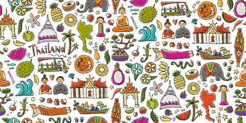 Travel to Thailand. Seamless pattern background for your design. Siam elements, map, people and landmarks, thai food etc. Vector illustration