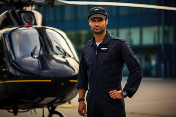 Fototapeta na wymiar Aeronaut in Uniform with Private Helicopter