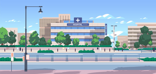 Modern city hospital building. Public clinic exterior architecture. Flat vector illustration © Aroma_Art