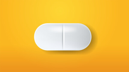 Realistic white pill on a yellow background. Medicine tablet vector illustration