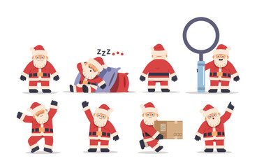 Set of cartoon Santa Claus in different poses on isolated background. Flat Christmas vector character
