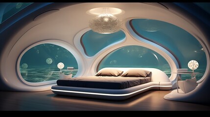 a futuristic underwater-themed minimalist bedroom with hidden storage in shell-shaped furniture