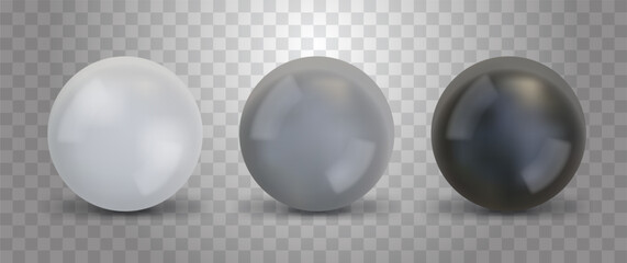 Set of realistic steel chrome spheres on a transparent background. 3D metal balls with shadow. Vector illustration