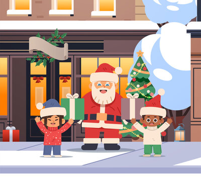Santa Claus gives gifts to children on the street near a toy store. Flat cartoon Holiday vector illustration